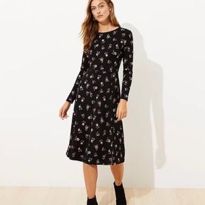 Loft Long Sleeve Black Floral Midi Dress, Size 4P